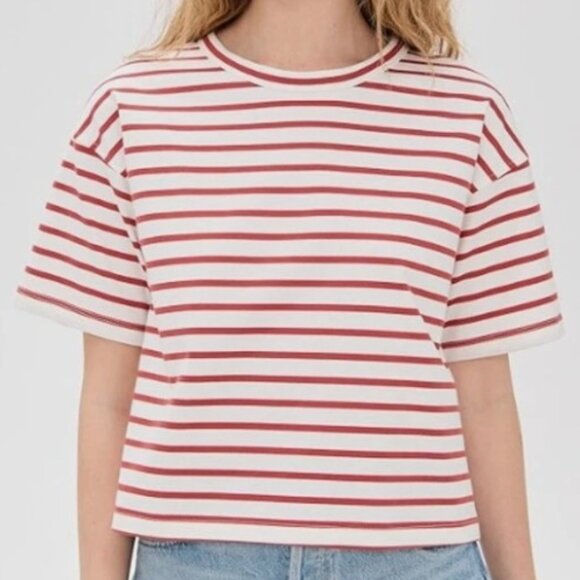 MADEWELL Women’s Red Striped Boxy Tee Shirt Crewneck Cotton Top Size M - Picture 1 of 6